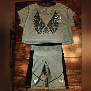 Under Armour Project Rock Olive Green Graphic Crop Top and Shorts Set Sz S Cute!